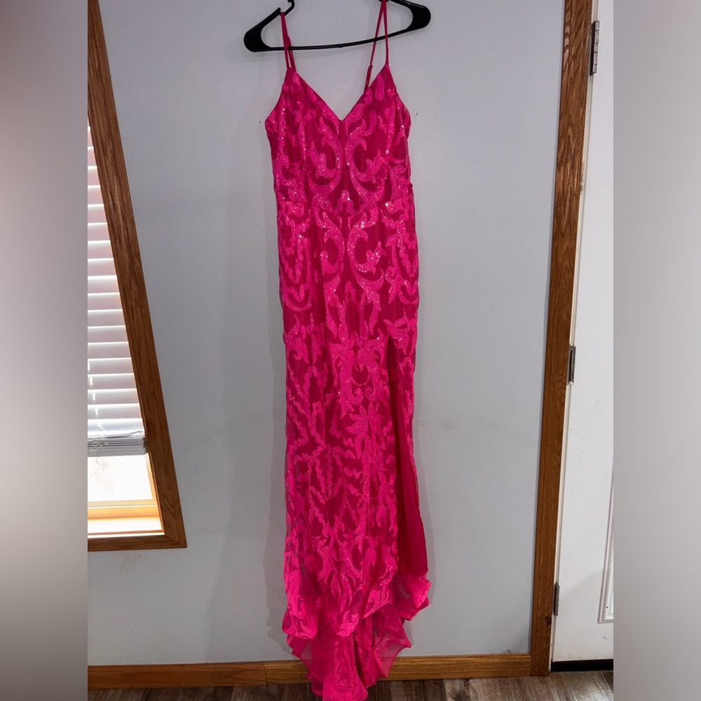 Hot Pink Sequin Slip Gown with V-Neckline